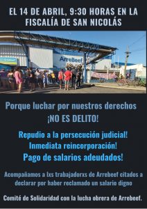 Lee más sobre el artículo ABAJO LA PERSECUCIÓN JUDICIAL A LAS Y LOS OBREROS DE ARREBEEF!. INMEDIATA REINCORPORACIÓN DE TODAS/OS Y PAGO DE LOS SUELDOS ADEUDADOS!